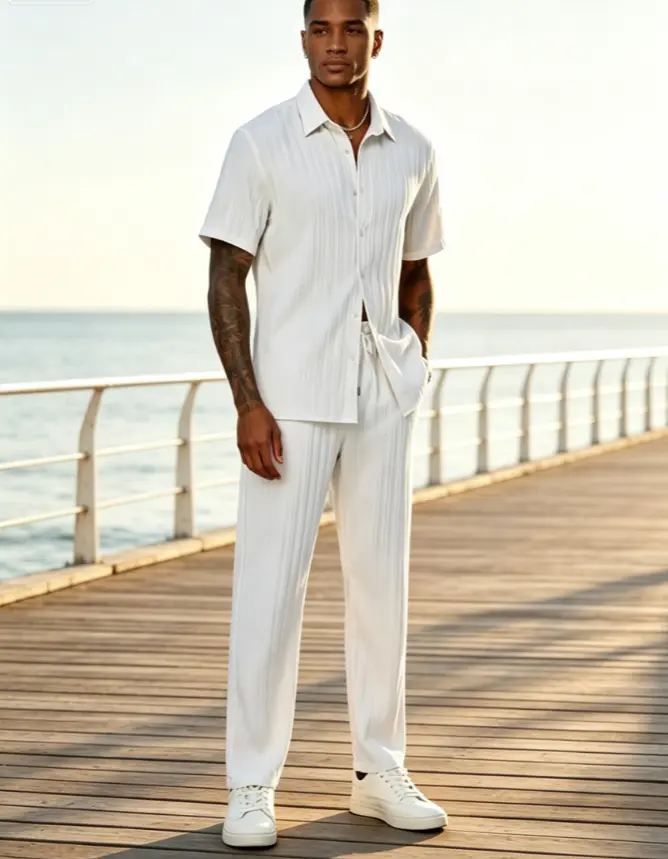 LecGee Men's 2-Piece Vertical Striped Textured Outfit - Summer Casual Button-Down Shirt & Pant Matching Set