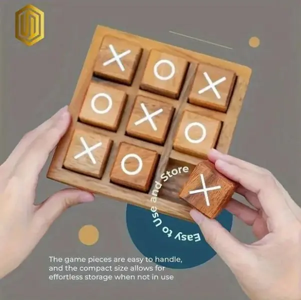 Tic Tac Toe Board Game - Wooden Square Unisex Kids' Development Toy for 1-2 Players, 6-8 Years Old