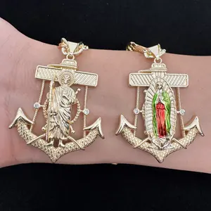Virgen Guadalupe San Judas Ancla Necklace 14k Gold Plated Cuban
