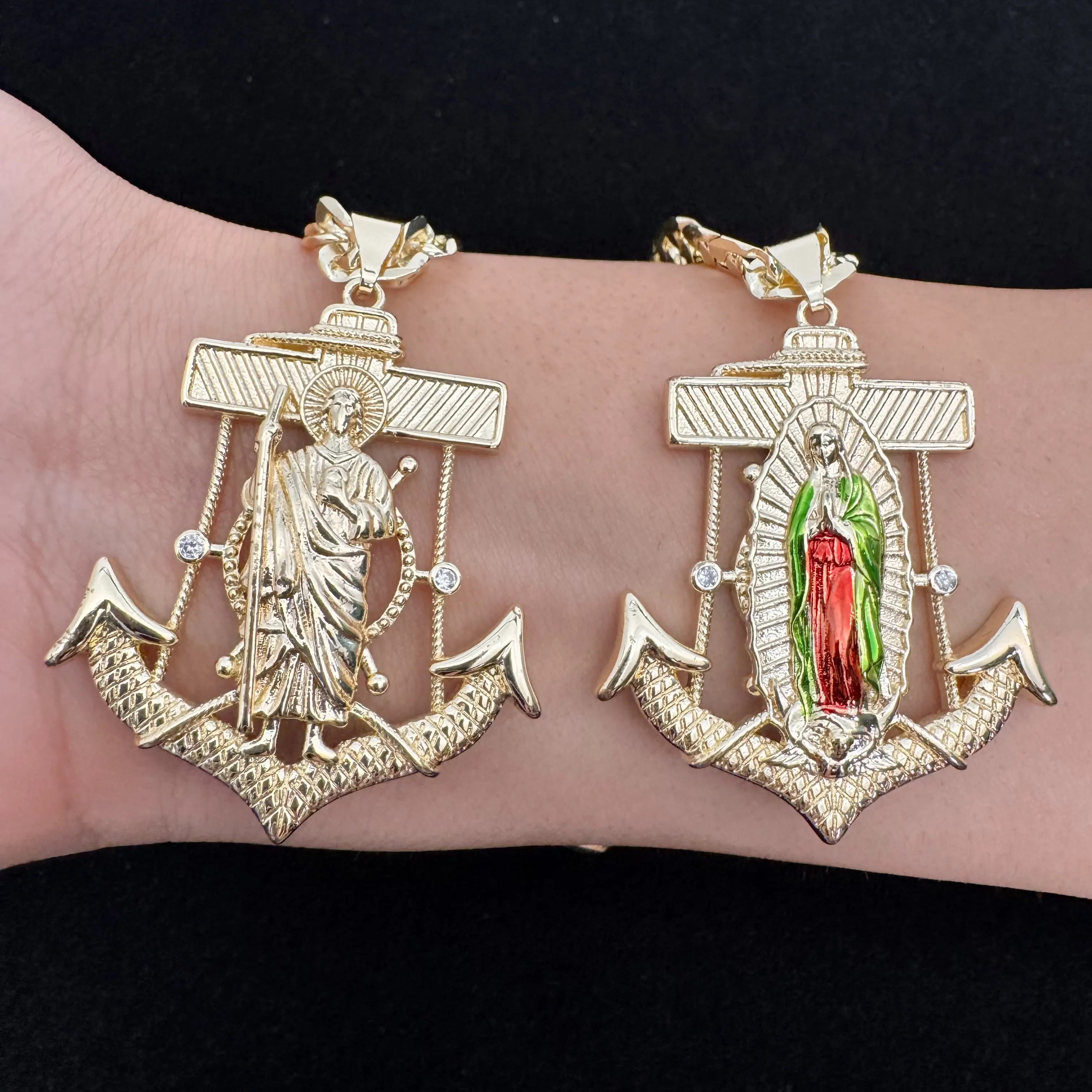 Virgen Guadalupe San Judas Ancla Necklace 14k Gold Plated Cuban