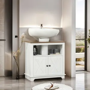 HOLDOLIFE Farmhouse Under Sink Bathroom Cabinet, Pedestal Vanity Storage Cabinet with Double Doors and Adjustable Shelves, Bathroom Organizer for Small Spaces, White