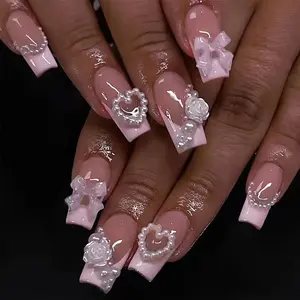 French Tip Press on Nails with Charms, Medium, Cute Bow, Long Square Shape, Acrylic Fake Stick on Nails with Heart and Rhinestones for Women Daily Wear, White