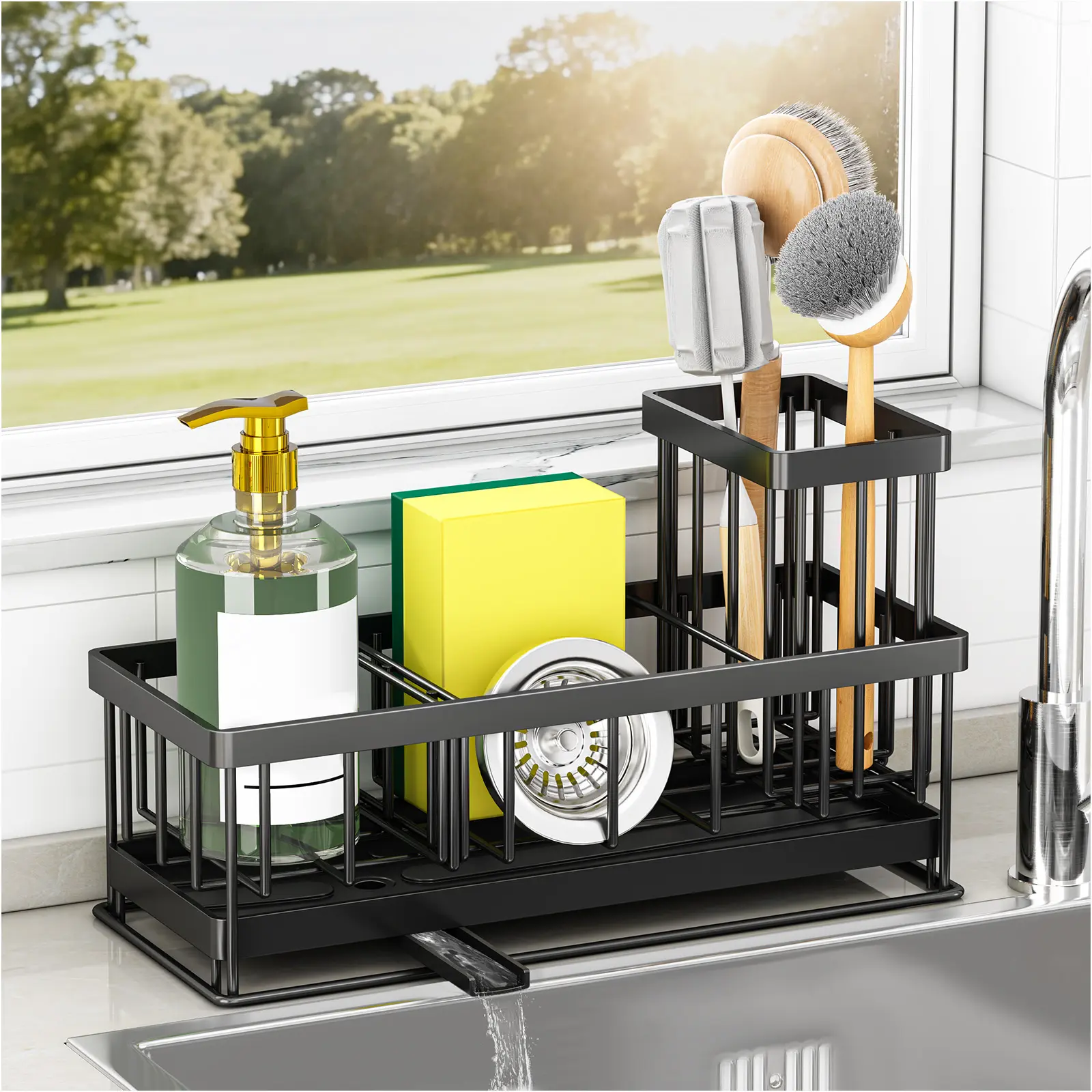 Matte Black Kitchen Sink Caddy Racks with Drainage Spout, Sponge & Dish Brush Organizer, Rust-Resistant Counter Organizer with Ventilated Bottom