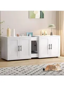 Double Room Litter Box Enclosure Furniture for 2 Cats, Wooden Hidden Cat House with Odor-Reducing Mat, Storage Groove, Waterproof, Easy Access Design, 55"L x 17.7"W x 22.5"H, White, Blends with Home Decor