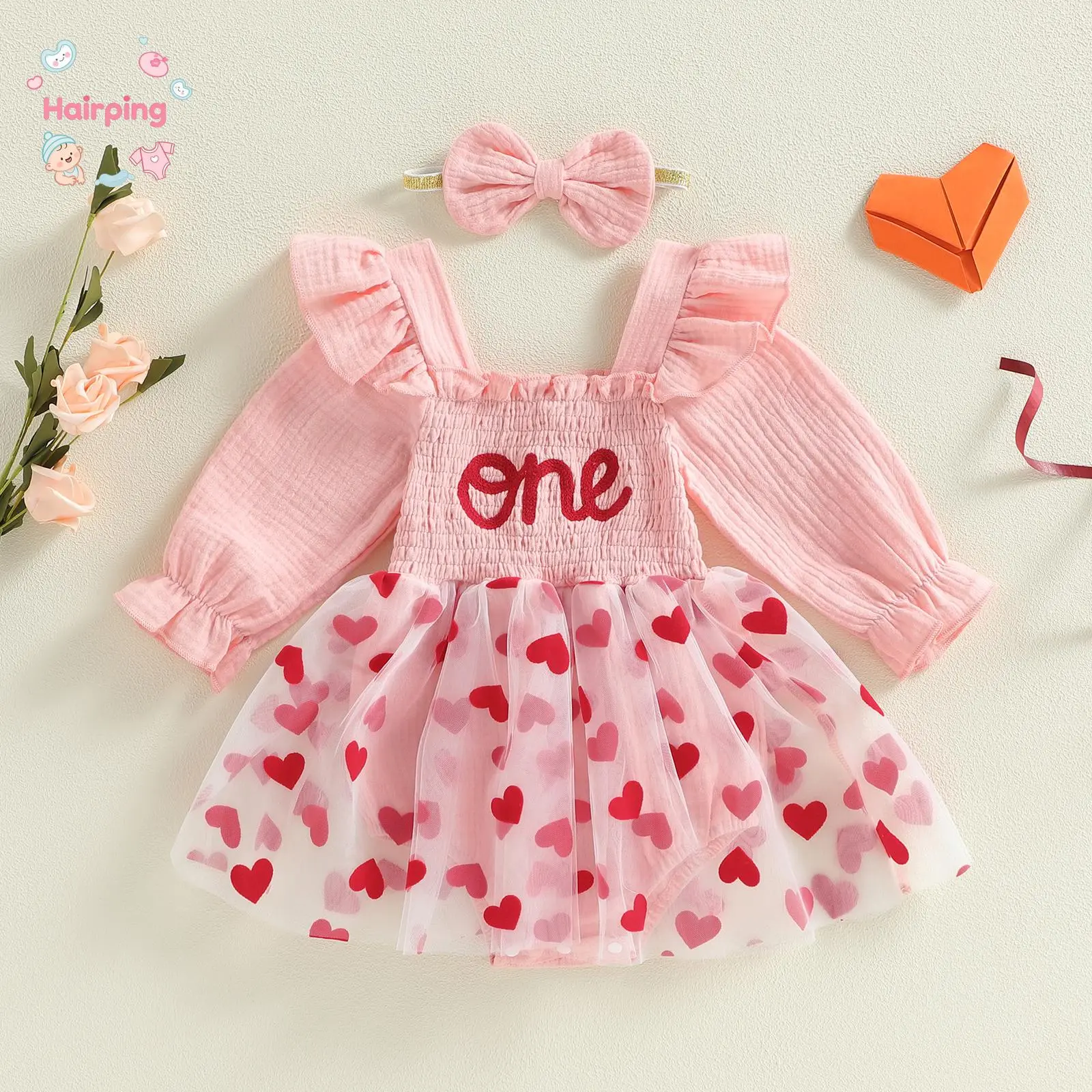 Baby Girl 1st Birthday "One" Heart Print Tutu Dress, Long Puff Sleeve Ruffled Smocked Party Dress with Headband, Valentine's Day Formal Toddler Outfit