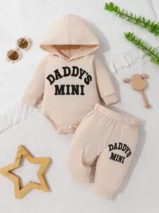 2-piece Set Of Soft, Comfortable And Cute Letter Printed Hooded Top And Clear Color Letter Printed Pants For Boys, Infants And Young Children, Suitable For Casual Daily Vacation Parties