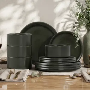 Kitchen Academy Black Ceramic Dinnerware Sets for 4, 12 Pieces Porcelain Plates and Bowls Sets, Scratch Resistant Handmade Dish Set, Oven & Microwave & Dishwasher Safe, Stoneware