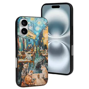 Compatible with Iphone 16 Case Cute - Whimsical Cats Night Cafe Soft Silicone Case Compatible with Iphone 16 Phone Case for Women Men