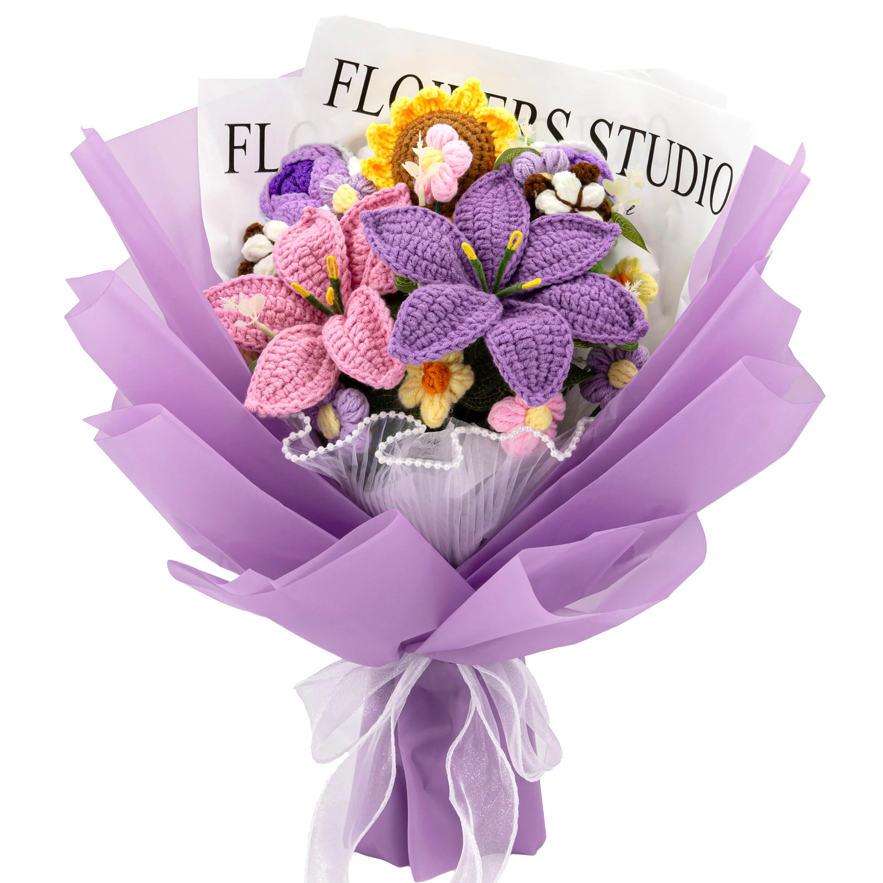 Large Wrapped Crochet Flowers Bouquet with 14 Pcs Flowers, Handmade Gift for Birthday, Anniversary, Graduation, Girlfriend, Mom, Home Decor