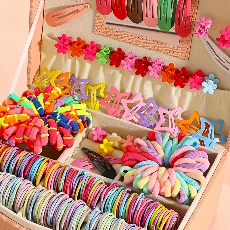 1340pcs（NO BOX） Dopamine Minimalist & Stylish Elastic Colored Hair Band & Clip Set for Girls Includes Water Drop Star Flower Clips And Hair Bands Integrated with Rubber Bands Suitable for All Four Seasons Random Colors Excellent Gift Choice