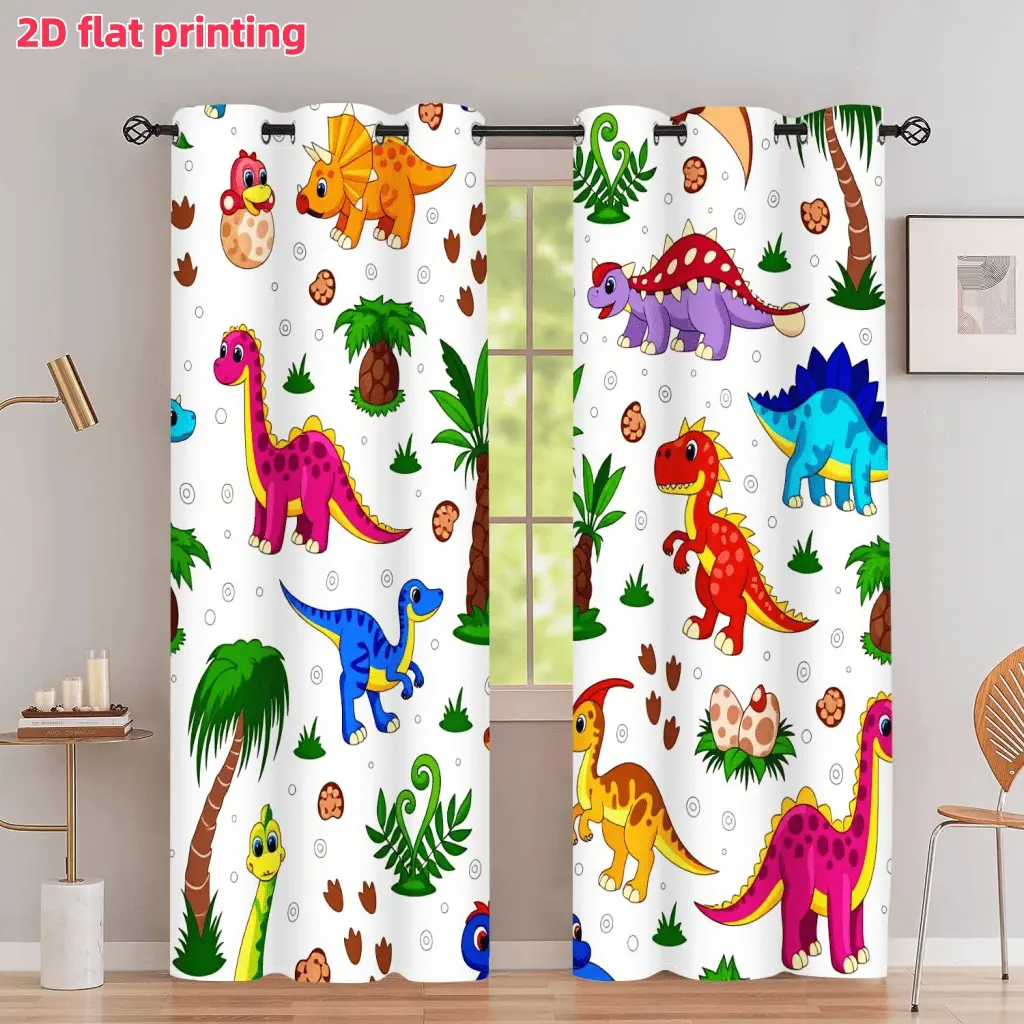 2D Flat 2Pcs Cartoon Dinosaur Printed Curtain Panel, Grommet Curtains, Home Decorative Curtain, Colorful Jurassic World Theme, With Grommet Design, Semi Sunshade, For Home Window Decoration, Accessory, Anti Privacy