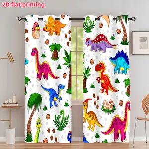 2D Flat 2Pcs Cartoon Dinosaur Printed Curtain Panel, Colorful Jurassic World Theme, With Grommet Perforated Design, Semi Sunshade, For Living Room Bedroom Study Balcony And Kitchen Window Decoration, Accessory, Anti Privacy.