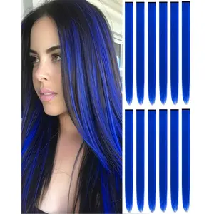 22 Inch Colored Hair Extension 12 Pcs Blue Clip in Hair Extension for Women Girls Kids Synthetic Highlight Hair Pieces
