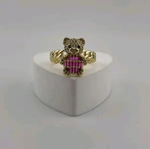 14K Gold Plated Iced-Out Teddy Bear Cuban Link Ring
