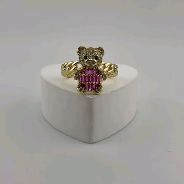 14K Gold Plated Iced-Out Teddy Bear Cuban Link Ring