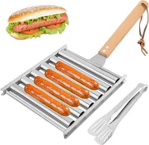 Hot Dog Roller for Grill,with Metal Spatula and Long Wooden Handle,Stainless Steel Sausage Roller Rack,BBQ Hot Dog Girller for Evenly Cooked Hot Dog,5 Hot Dog Capacity