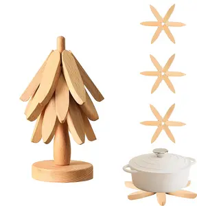 Wooden Trivets for Hot Dishes Walnut Wood Tree-Shaped Foldable Hot Pad Trivet Solid Wood Anti-Scalding Pot Mat Bowl Mat 3 Trivets 1 Stand Christmas Tree Coaster Set Natural Color 3 Piece Tableware
