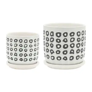 Sagebrook Home Set of 2 Ceramic Planters - Contemporary Aztec Design in White and Black on Matching Saucers for Indoor or Outdoor Plants and Succulents