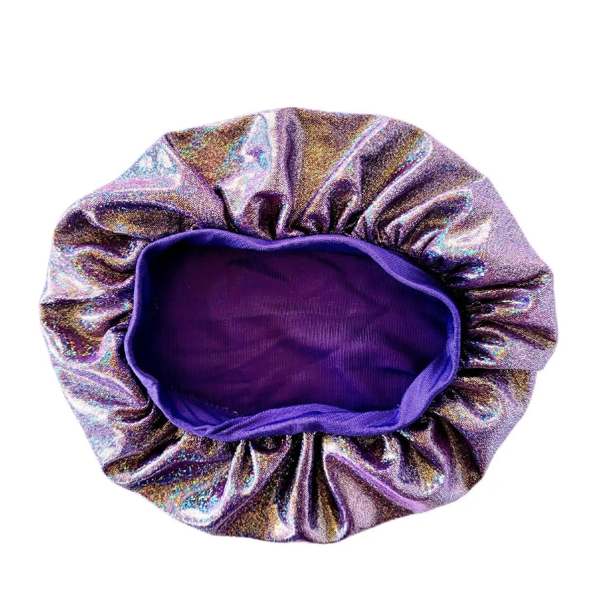 Female Luxurious Satin-Polyester Hair Bonnet, Purple Shimmery Luminous Breathable Everyday Sleeping Bonnet, 1 Size Fits All