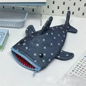 Durable Canvas Shark Pencil Case with Fun Star Pattern, Large Capacity Multi-Functional Stationery Bag for Teens and Office Use