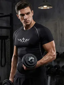 Cross Graphic Short Sleeve Compression Shirt for Men, Gym Workout Fitness Running Sporty Tees, Athletic Workout Clothing, Summer Quick-Dry Breathable Round Neck Tight-Fitting T-Shirt Tops, Activewear Sportswear