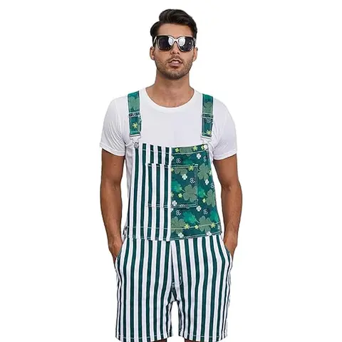YUANBANG St Patrick's Day Stripe Stretch Denim Overalls Shorts for Couples, Adjustable Straps Zip Jumpsuits, Irish Festival Gifts, Casual Fashion Romper (Menswear-Womenswear)