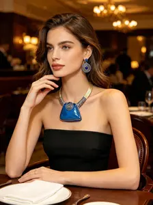 Elegant Blue Chain Necklace Earrings Set, Party Jewelry, Mother's Day Gift, Graduation, Valentine's Day, Coffee Shop Style