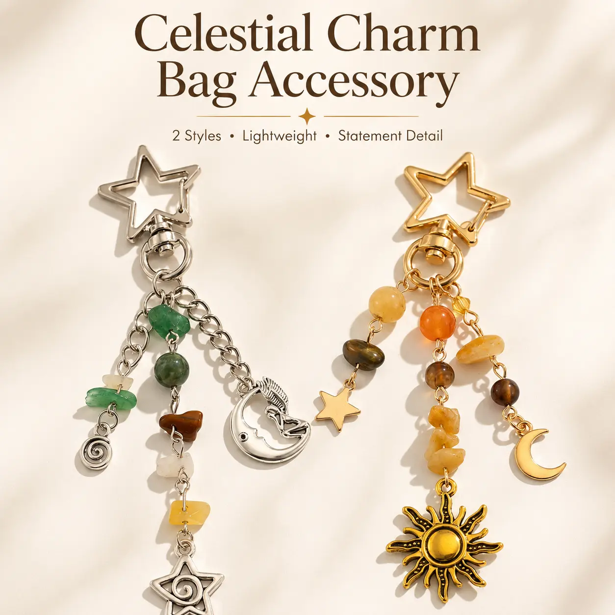 Celestial Keychain with Star Moon Sun Charms for Women, Elegant Bag Charm for a Mystical Look and Daily Wear, 10-12cm, Purse Stuff, Mini Bag Accessories, Cosmic Vibe, Lightweight, Celestial Charm Keychains, Natural Stone