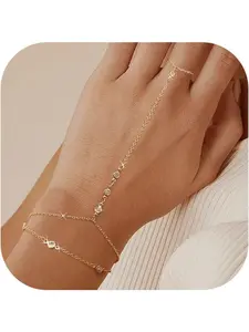 Hand Chain Bracelets for Women Trendy Fashion Stackable Bracelets 2 Piece Adjustable Finger Ring Bracelet Stack Dainty 14K Gold Plated CZ Layered Beaded Hand Chains Jewelry Gifts Stacked Design Bracelets