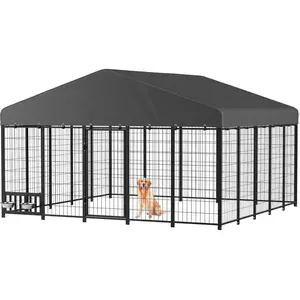 AECOJOY Heavy Duty Outdoor Dog Kennel for Yard, Large Steel Chain Link Fence with Roof, Dog Run Enclosure with Feeding Bowl & Self-Locking Latch Enclosed
