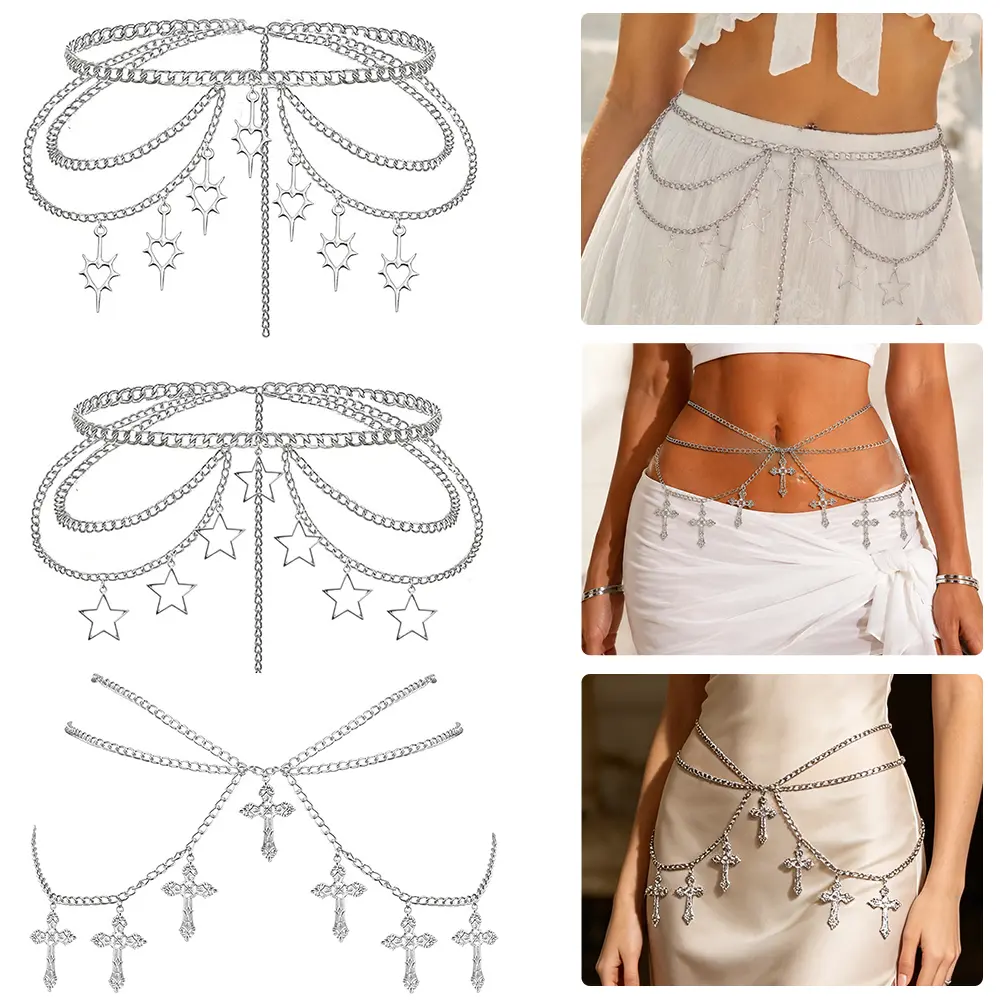 3PCS Thorn Heart Waist Chain Belt - Punk Gothic Crossover Body Belly Chains Tassel for Women Girl