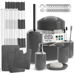Set - Gray Accessories Set, Sets with Shower and Rugs, 23PC Shower Set with Liner, Soap Dispenser, Soap Dish, Brush Holder, and