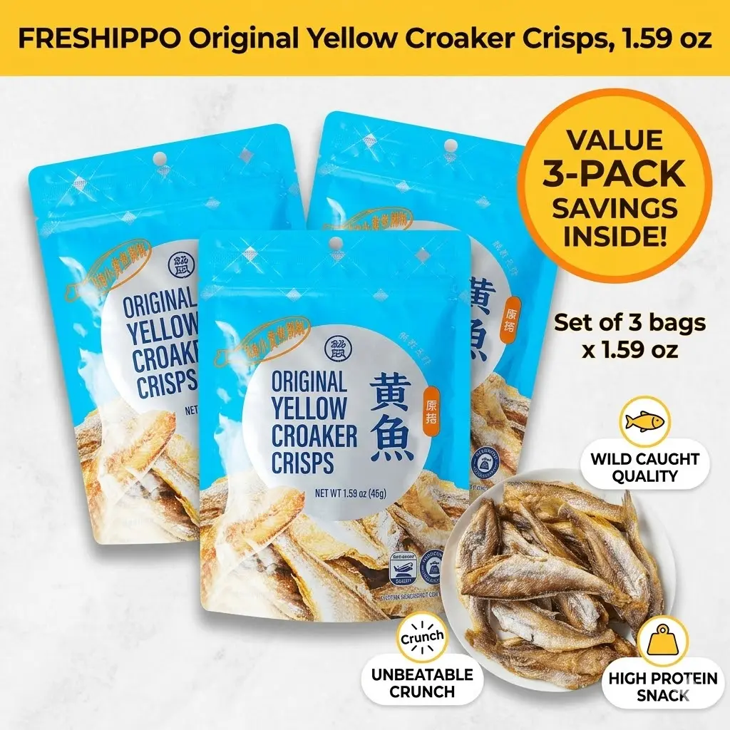 FRESHIPPO Original Crispy Yellow Croaker Snack, Pack of 3 or 1 (1.59 oz Each), Wild-Caught Crunchy Small Fish, High Protein & Omega-3, Ready-to-Eat Savory Seafood