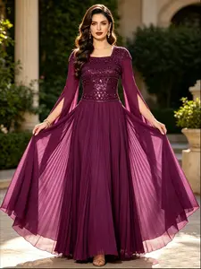 Elegant Luxurious Sequin Beaded Chiffon Dress, Contrast Color Sequin Square Neck, Long Sleeve, Perfect for Birthday Party, Wedding, Graduation, Dinner