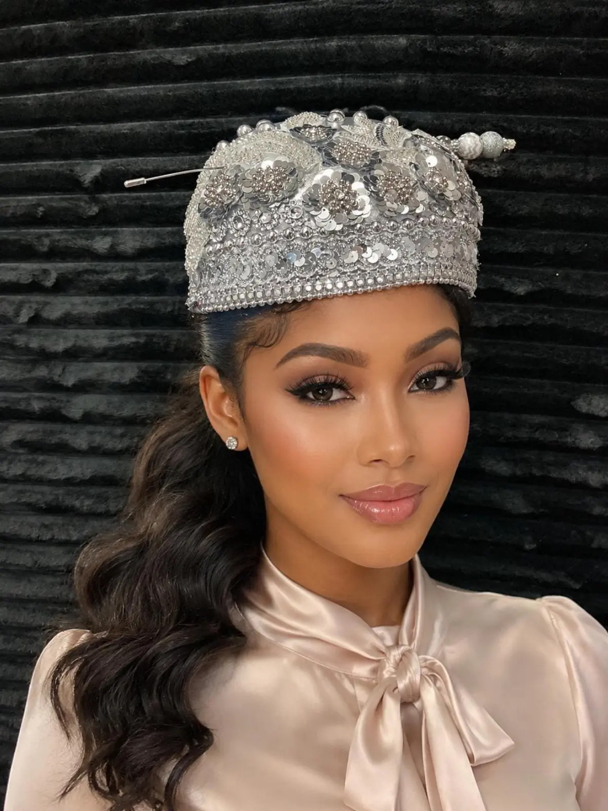 Elegant Silver Beaded Church Fascinator Hat