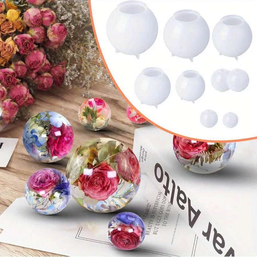 Resin Casting Moulds 9pcs Sphere Silicone Mold Seamless 3D Solid Ball Resin Mould Round Ball Epoxy Resin Mold for Flower Preservation Casting Soap Candle Making