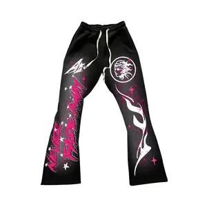Y2k Graphic Letter Print Stacked Sweatpants Drawstring Bell Bottom Flare Pants with Pockets