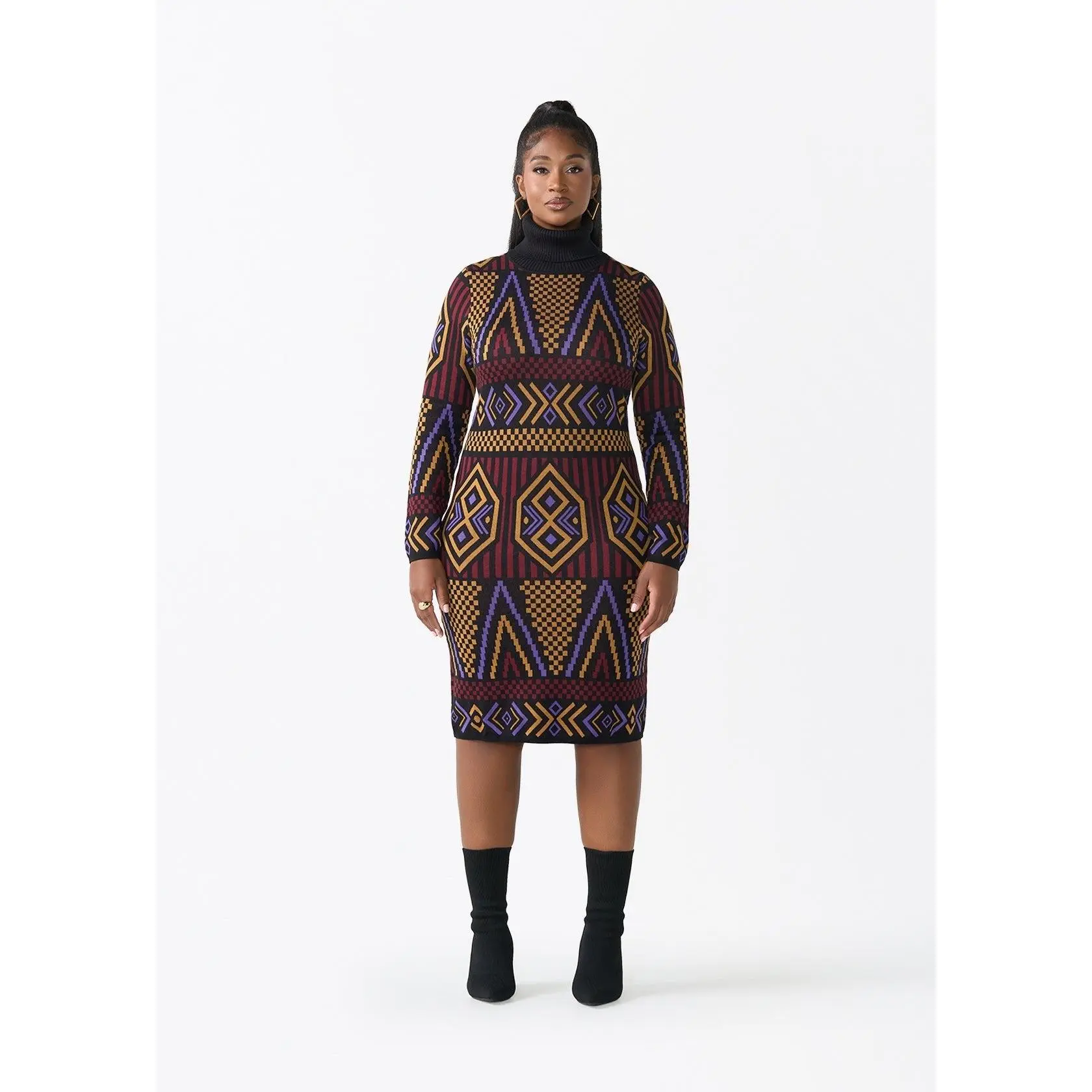 Palesa Women's African Print Turtleneck Sweater Dress (Black Burgundy Tribal)