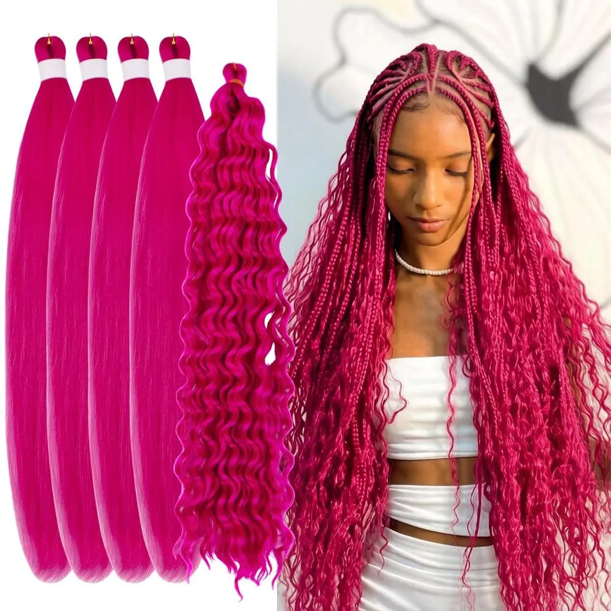 Pink Pre stretched Braiding Hair Boho Deep Wave 26 Inch Hypoallergenic Synthetic Crochet Braids for Knotless Fulani Styles