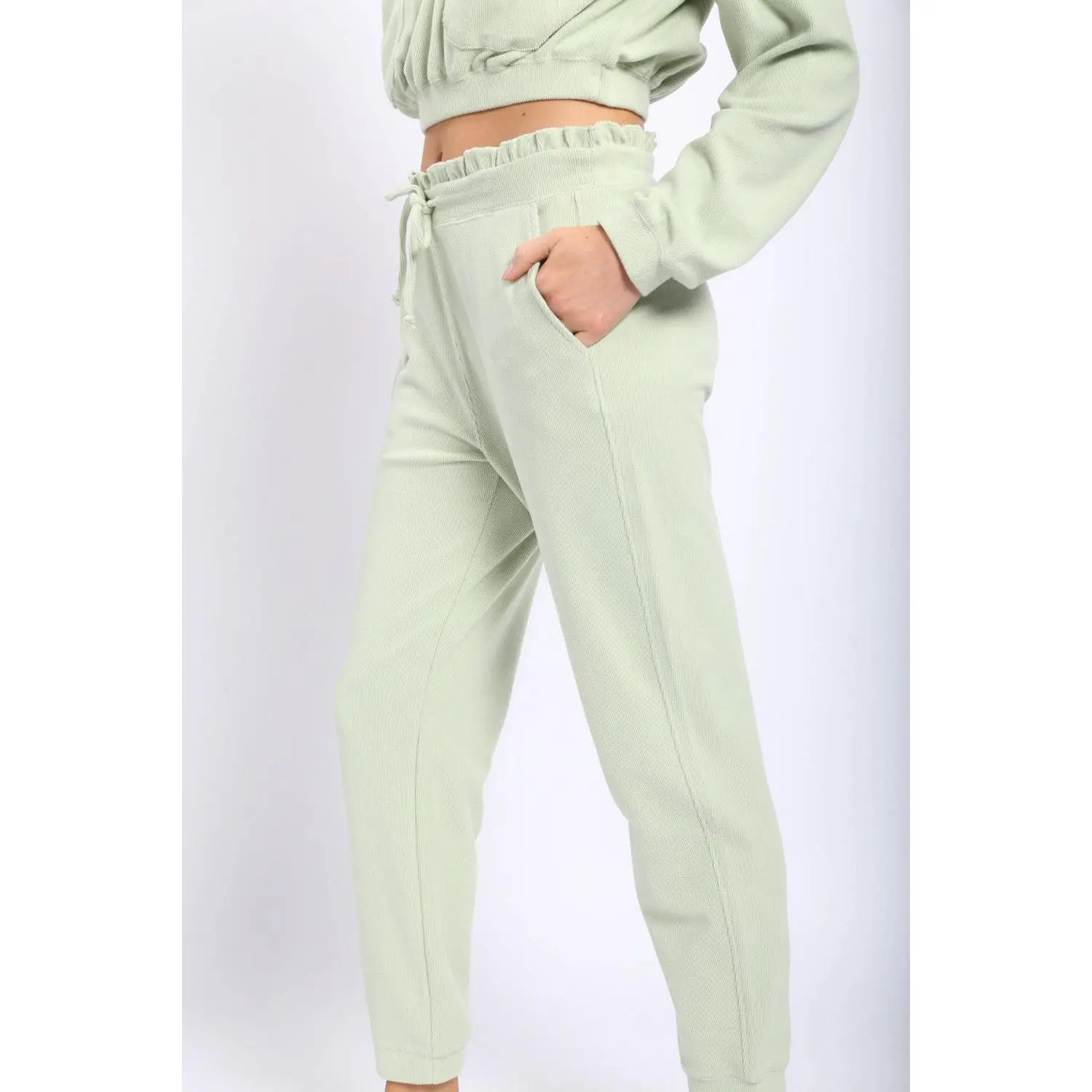 Sage Ribbed Joggers with ruffle Waistband
