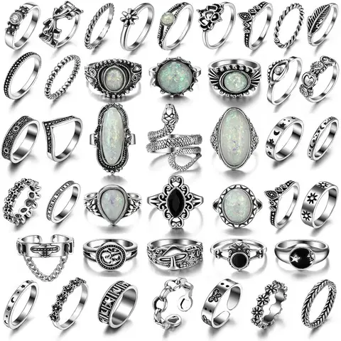 Unisex Stackable Ring Set 42-Count - Adjustable Vintage Silver Midi Knuckle Rings for Women & Men, Gothic Boho Y2K Snake Skull Heart Mushroom Celestial Designs, Lightweight Antique-Finish Alloy