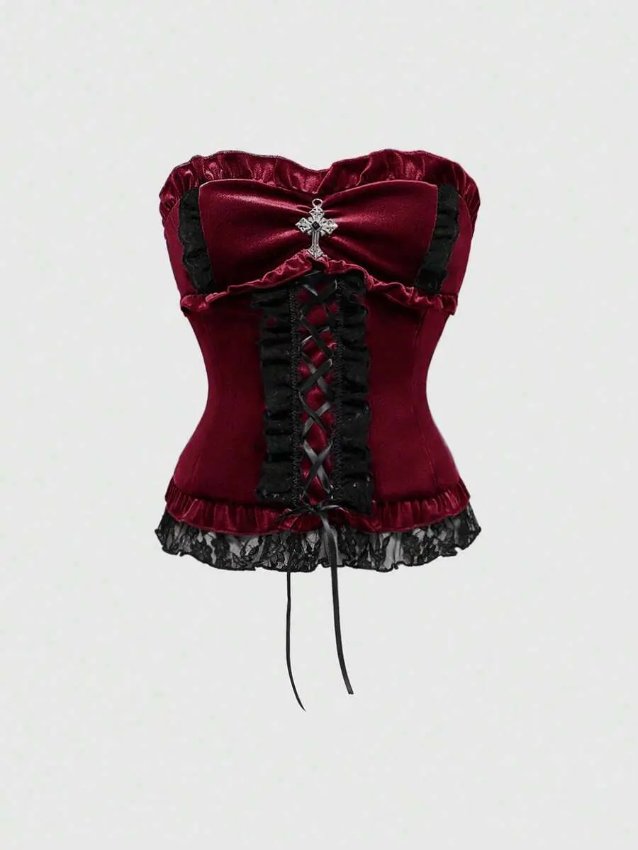VELORA x Spring/Summer Carnival Party Casual Red Gothic Lace Trim Velvet Women's Tube Top