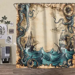 Elegant Bathroom Restroom Decor Set, Includes Octopus Pattern Shower Curtain Sets, U-Shaped Toilet Pad, Lid Cover & Long Rectangular Mat, Restroom Bathroom Accessories