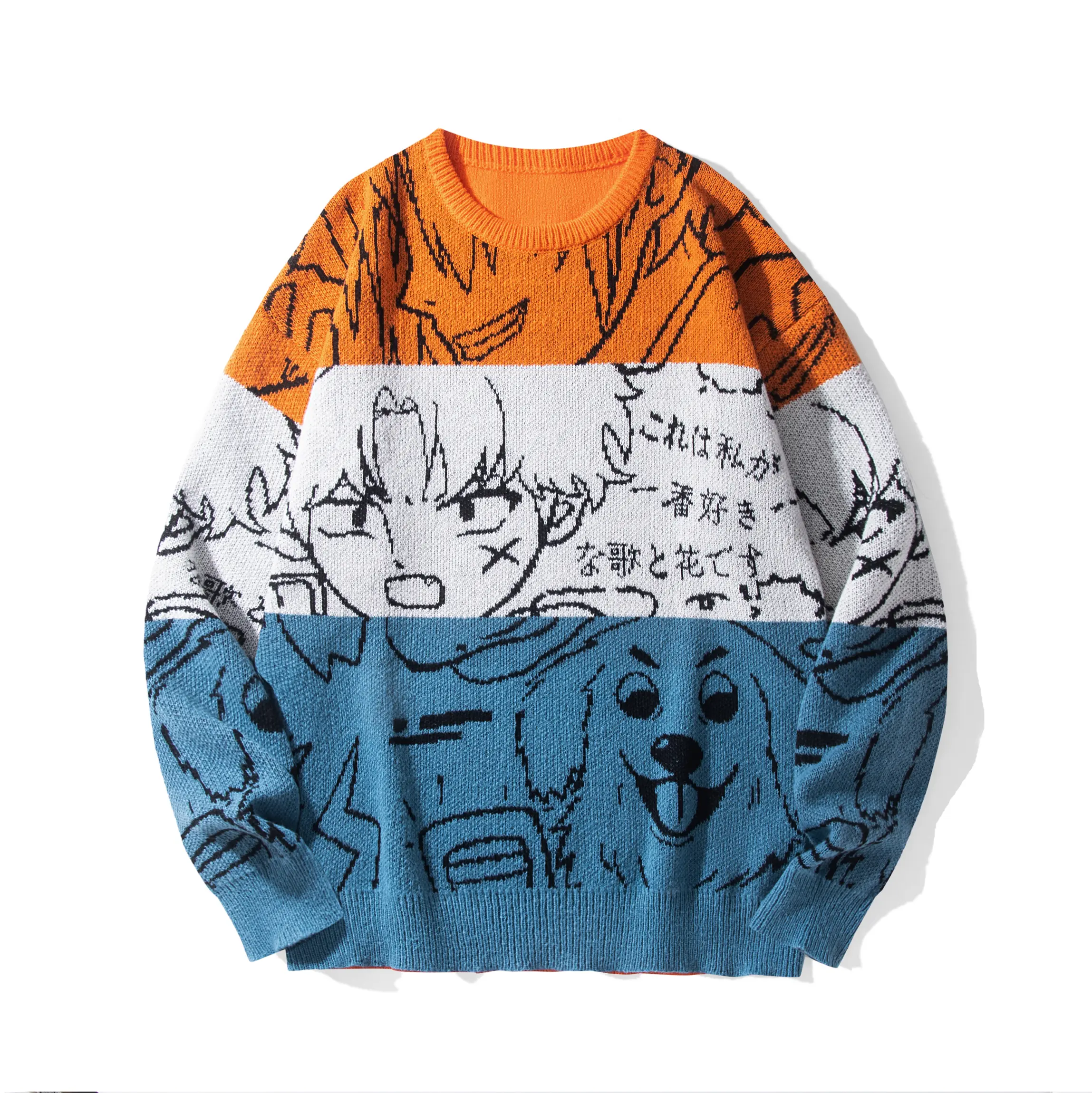 Men's Baggy Oversized Long-Sleeves Knitwear Pullover Sweater - Stylish Artistic Multi-Color Colorblock Jacquard Knit, Premium Soft Fabric, Loose Fit Casual Clothes for Autumn Wear, Unisex Menswear Top, Longsleeves