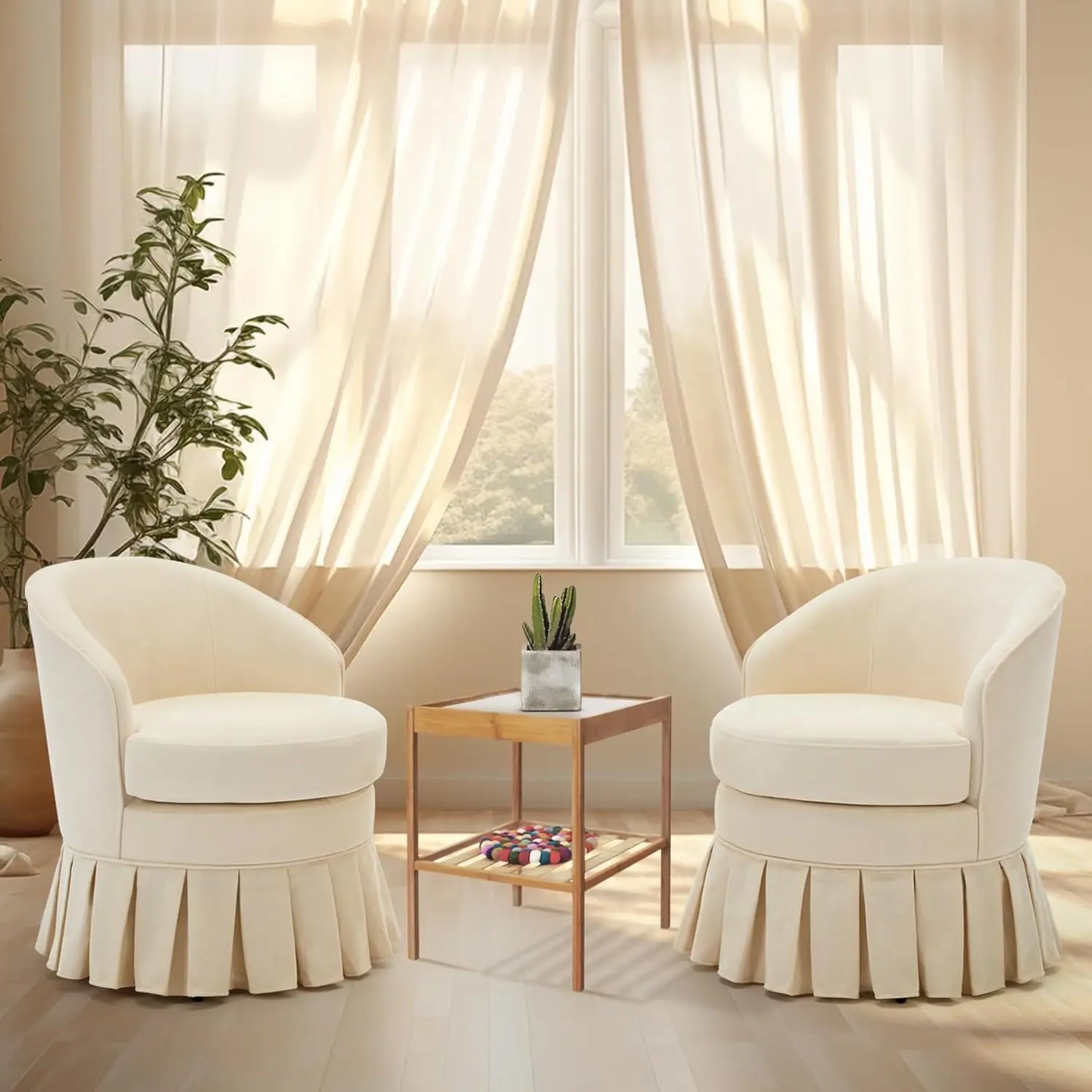 Gaomon Off-White Wood Dining Chair - Upholstered Barrel-Back Compact Armchair with Comfortable Seat, for Living Room