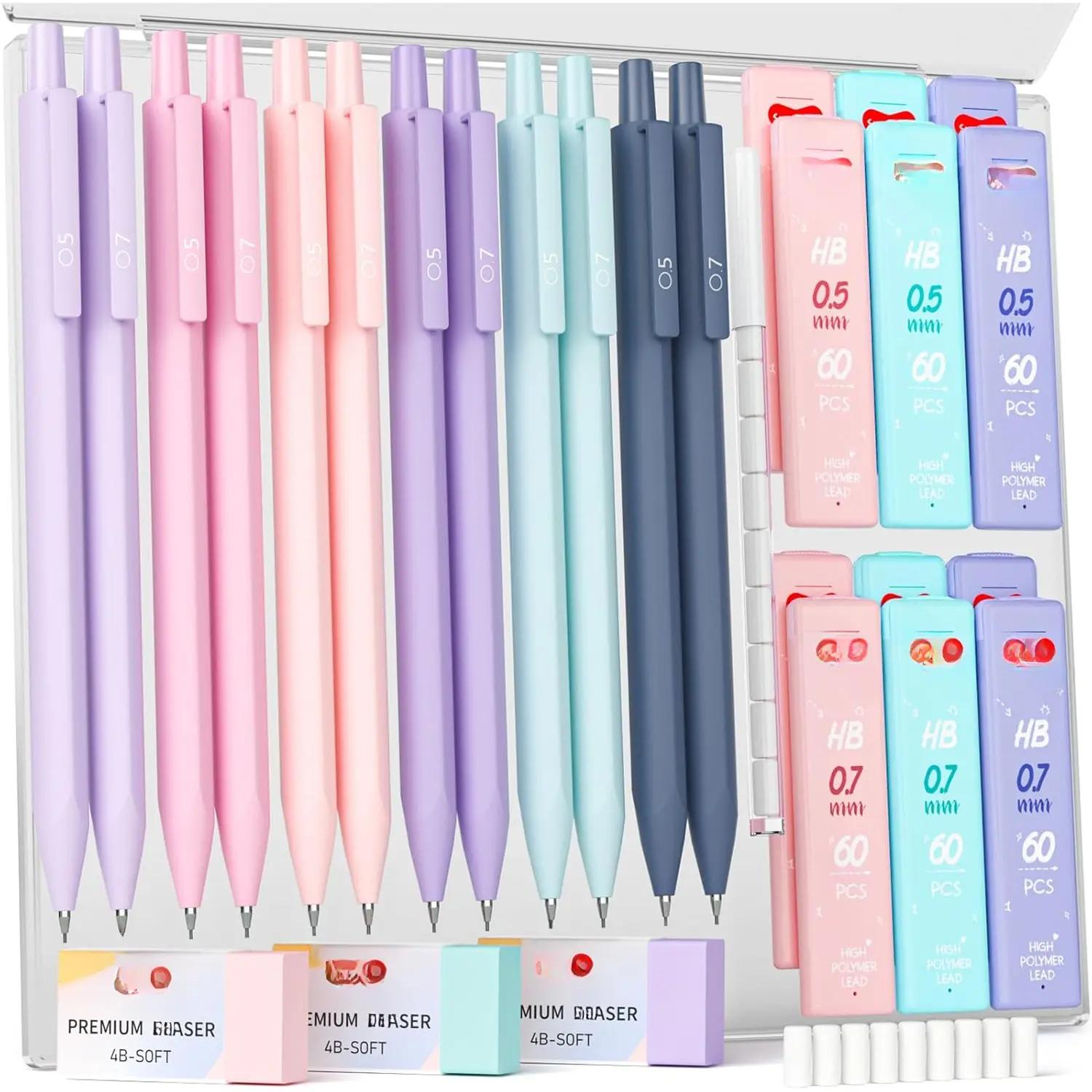 12-Piece Retractable Pencil Set with a Pastel Cute Look - Triangular Grip for a Smooth Write, Portable Kit with Refills for College & Creative Hobbies, Mechanical Pencils