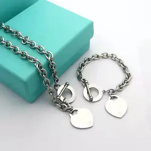 T’s Heart Bracelet — European & American Style, Luxury, Versatile Love Design, Titanium Steel, Matching Bracelet/Necklace Combo, Fashionable, In Stock, Wholesale, Adjustable Bangle