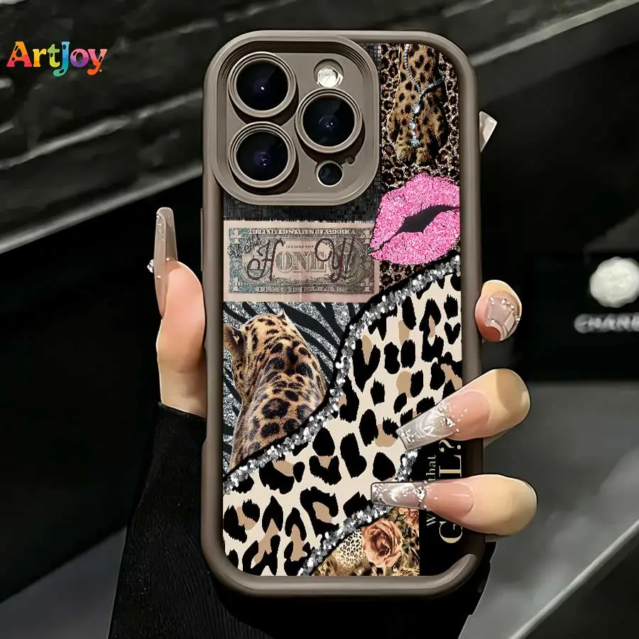 Y2K Spliced Glitter Leopard Tiger Print Brown Frame Silicone Case,For Galaxy S25, S24, S23, S22, S21 PLUS, FE And Ultra,A33 Compatible With For Iphone17 Pro Max, 16, 15, 14 And 13. It Makes A Perfect Gift For Birthdays, Holidays