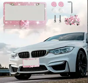 Pink Shiny License Plate Frame Acrylic Cute Bow Tie Decoration Sparkling Car License Plate Frame Made of Stainless Steel Material Acrylic Rhinestones Hand Drilled for Added Strength Pink is a Favorite among Women and Girls