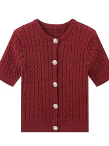 New Spring Summer Knit Cardigan, Casual Short Sleeve Round Neck Open Front, Single Button Fisherman Sweater, Women's Fashion Top